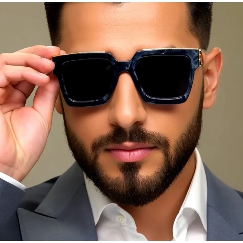 Mens Business Wear Square Sunglasses Marble Grey Gold Accents Fashion Shades New